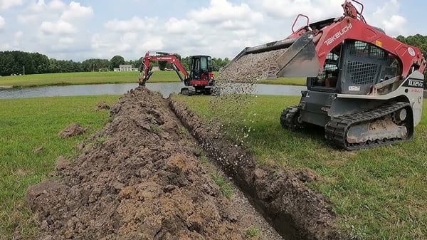 French drain installation with excavator in Cleveland TN